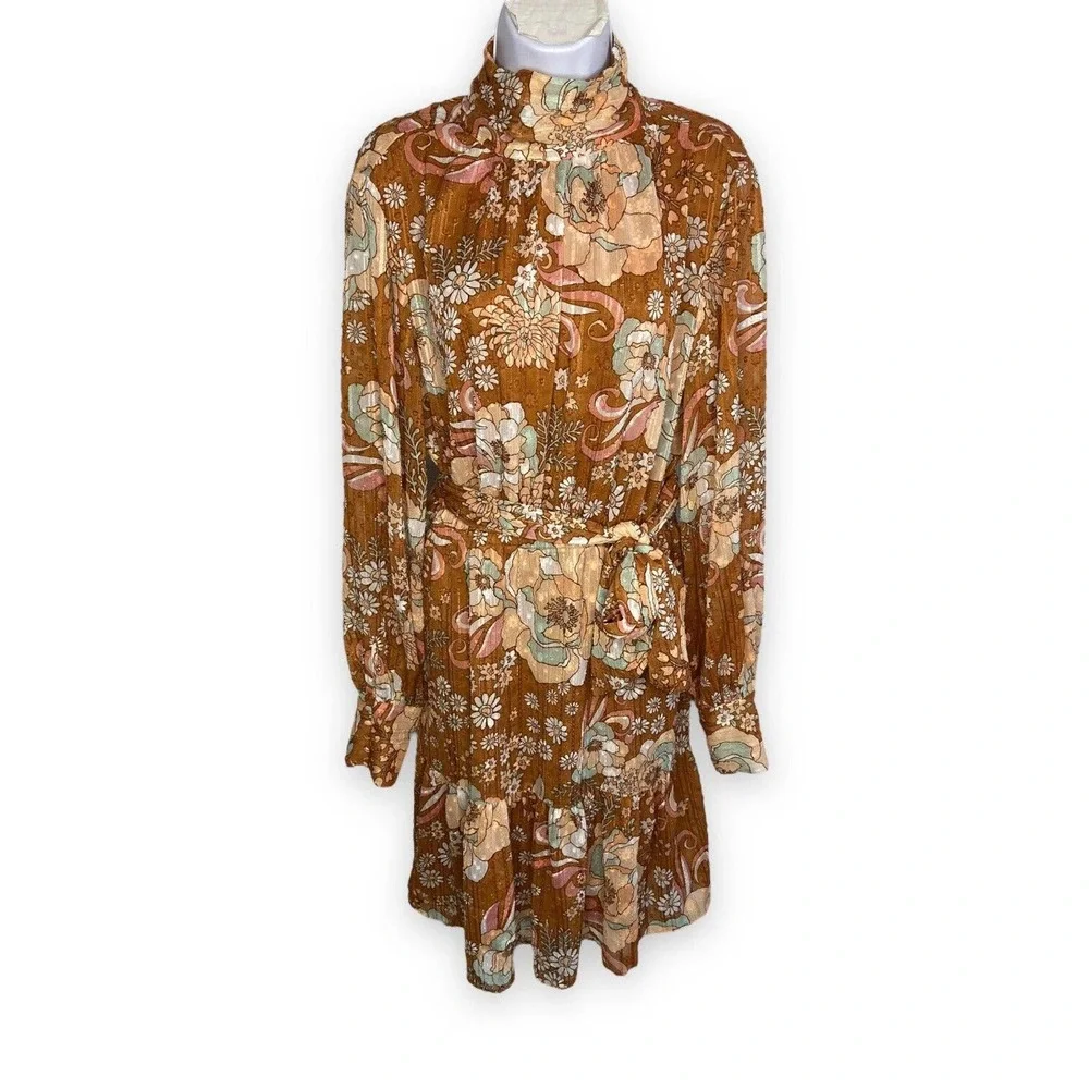 Ryegrass Large High Neck Long Sleeve Fit Flare Dress Mod Retro Rust Brown Floral - Picture 1 of 13
